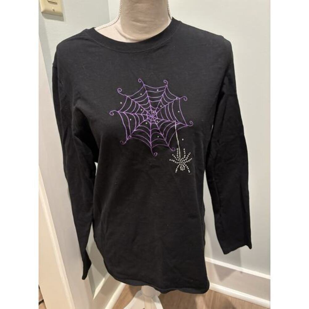 Ladies XL L/S Halloween Spider Web T Shirt 16 18